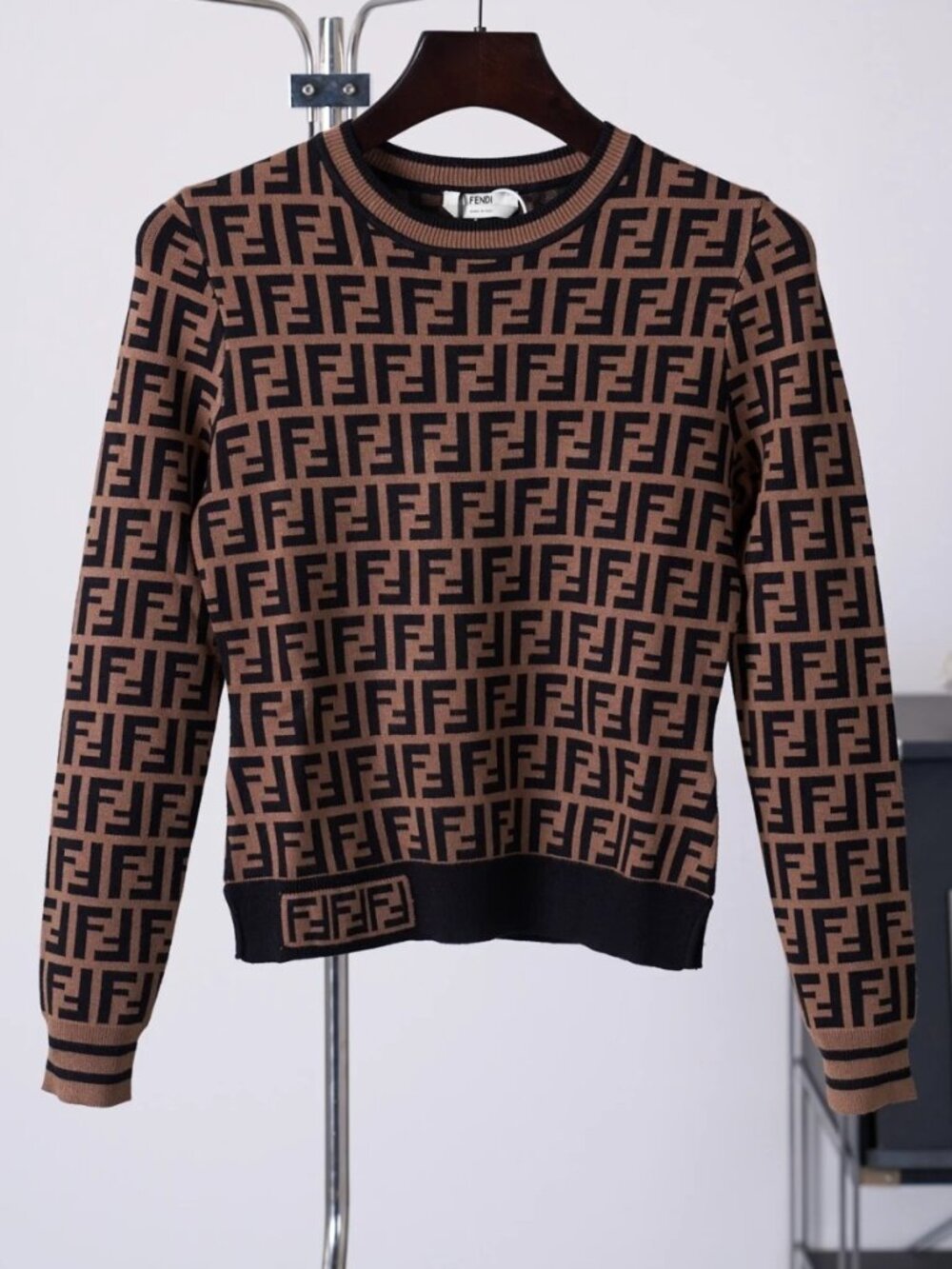 Fendi FF Monogram Brown Black Crew Neck Knit Sweater